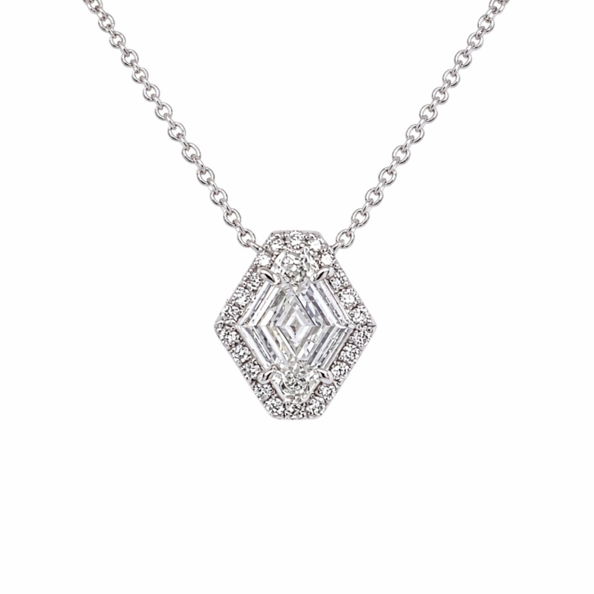 The North-South Shield Diamond Necklace with Pavé Halo in white gold features an 18-inch silver chain and a hexagon-shaped pendant adorned with clear gemstones and a pavé halo of sparkling round stones.