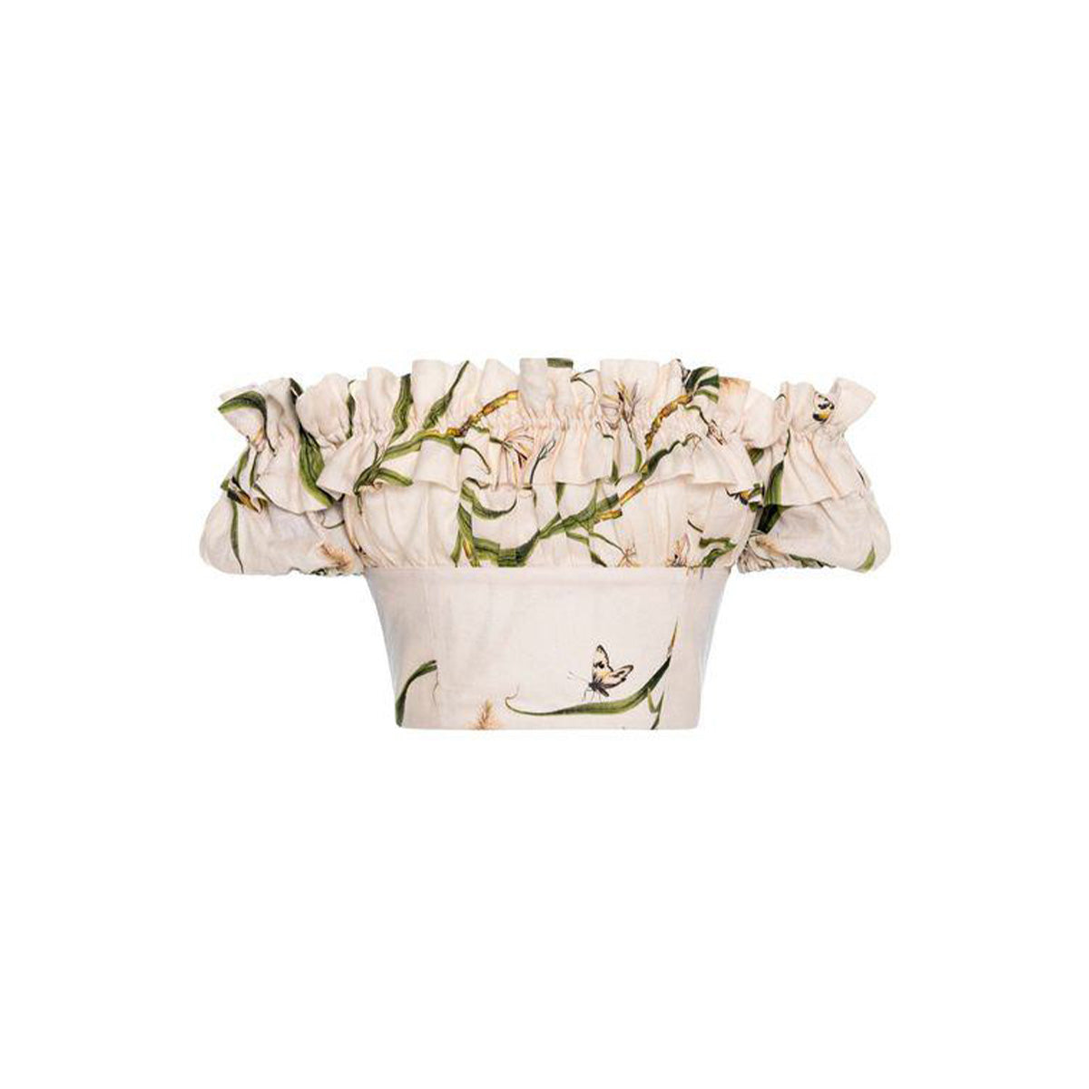 Front view of Pimienta Azucar cropped linen off-the-shoulder top showcasing ruffled neckline and botanical embroidery on white background