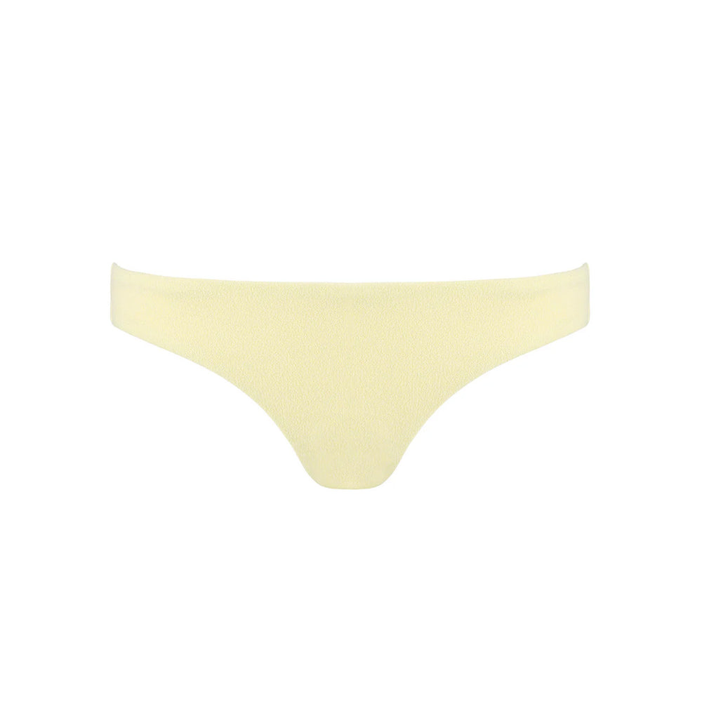 Front view of Women’s Banana Terry Low Waist Bikini Bottom showcasing its low, straight-across hip cut and terry swim fabric on white