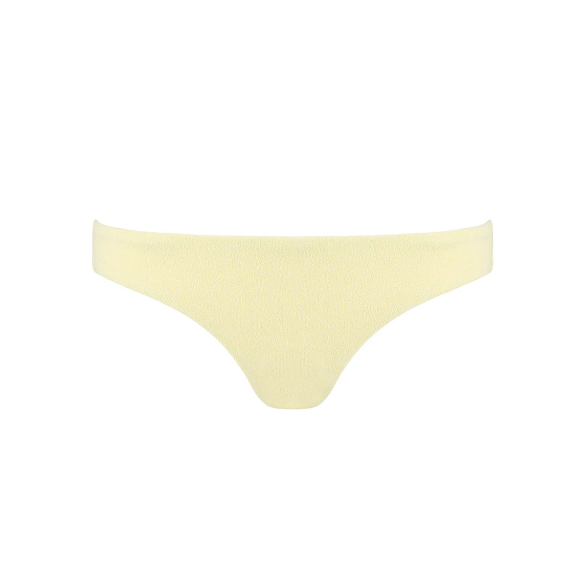 Front view of Women’s Banana Terry Low Waist Bikini Bottom showcasing its low, straight-across hip cut and terry swim fabric on white