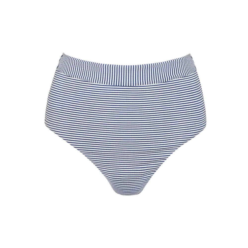 Front view of Harbor Stripe high-waist bikini bottom showing navy and white narrow stripes and high-rise waistband on white background