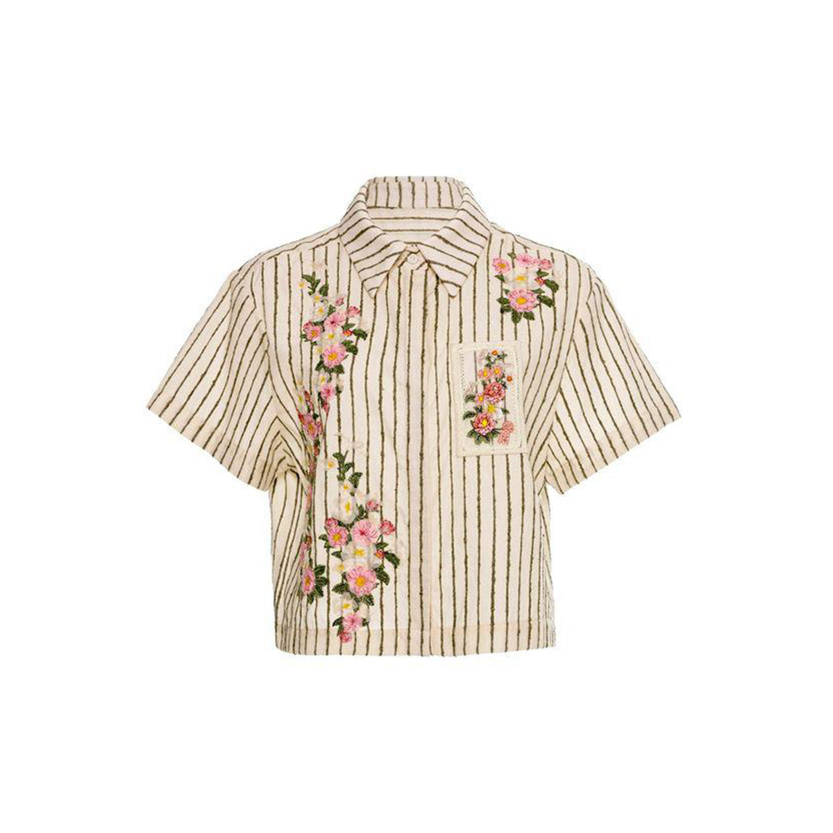 Front view of Virtuosa Paraiso cropped button-down shirt with vertical stripes and pink floral embroidery