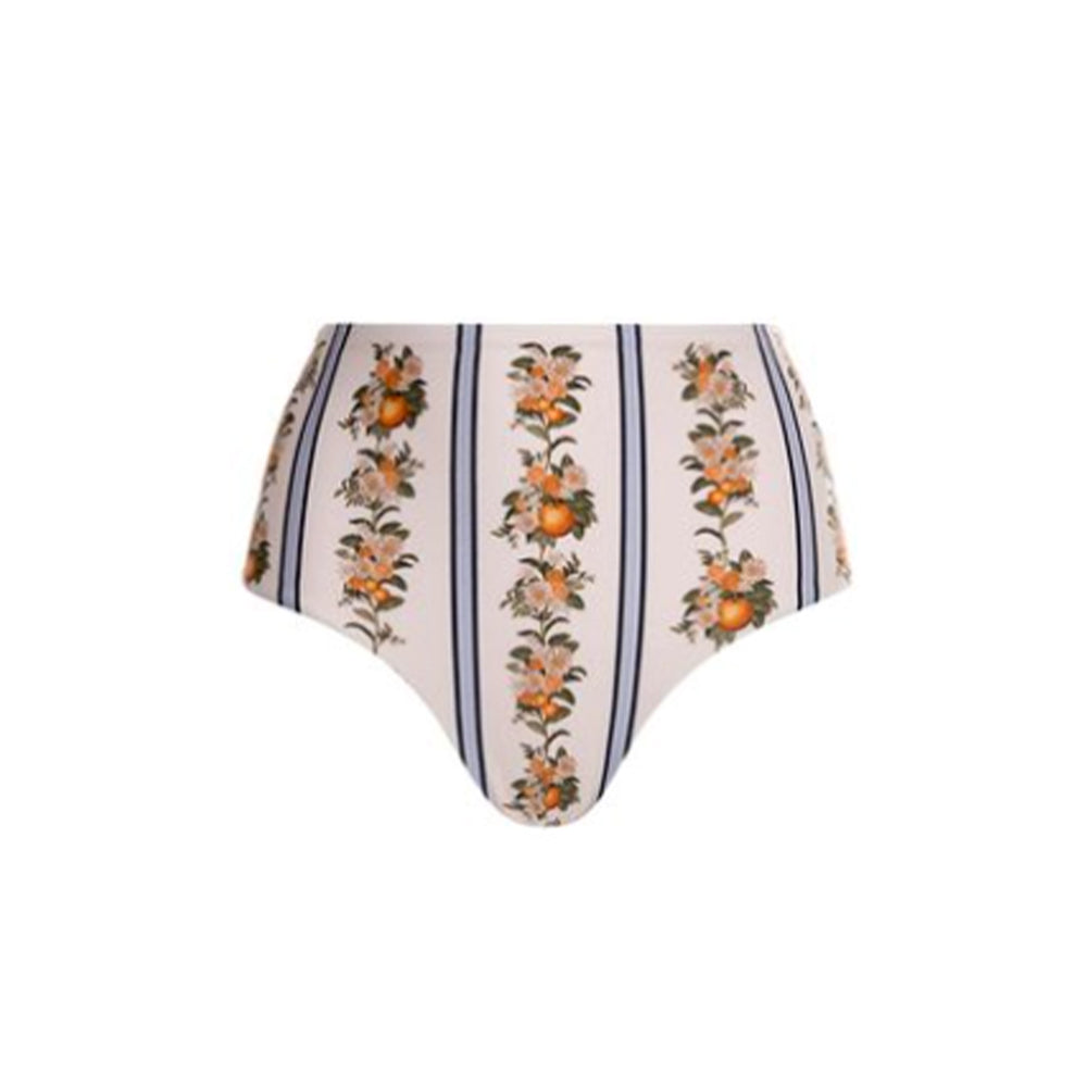 Front view of high-waist magenta bikini bottom showing vertical orange floral and navy stripe print on a light background