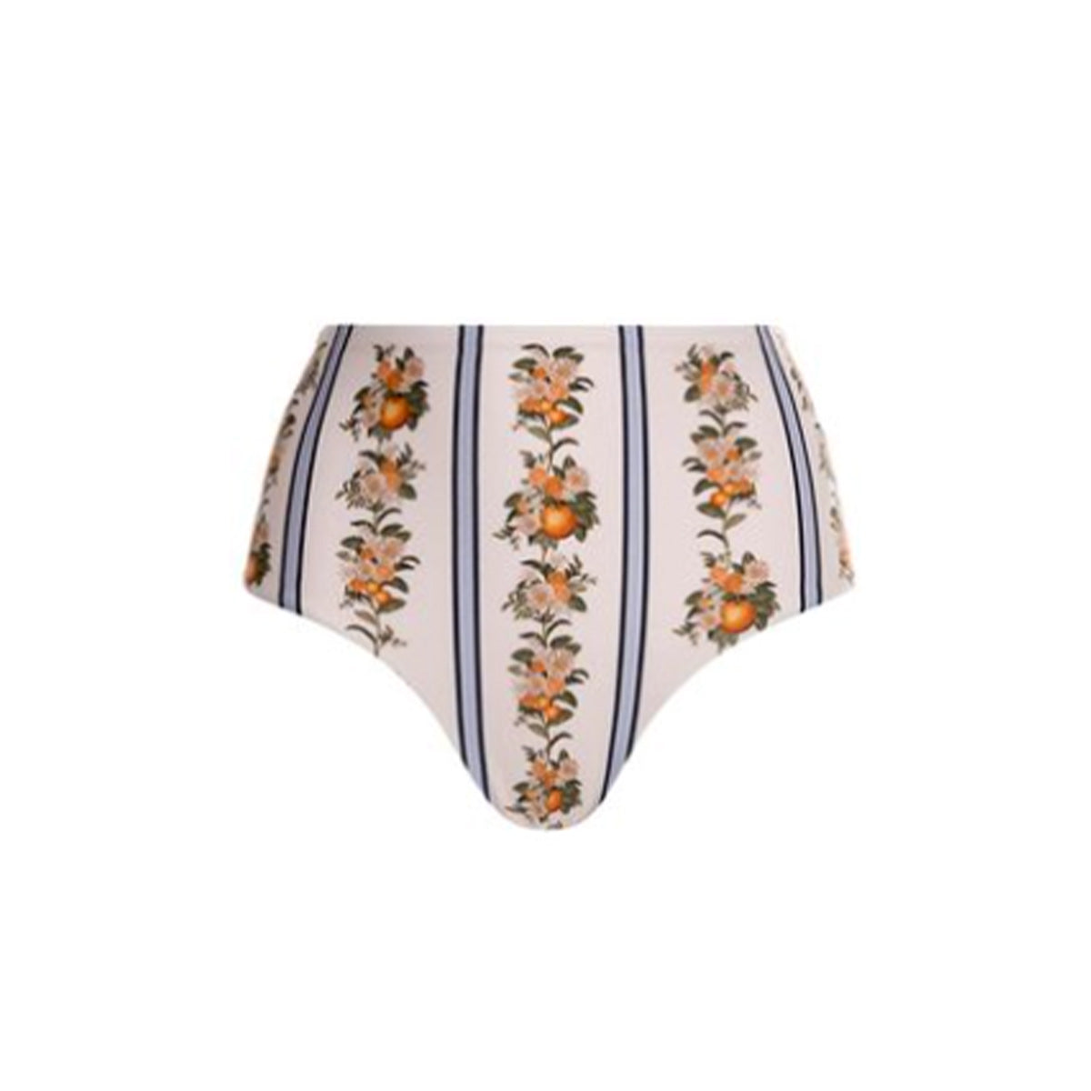 Front view of high-waist magenta bikini bottom showing vertical orange floral and navy stripe print on a light background
