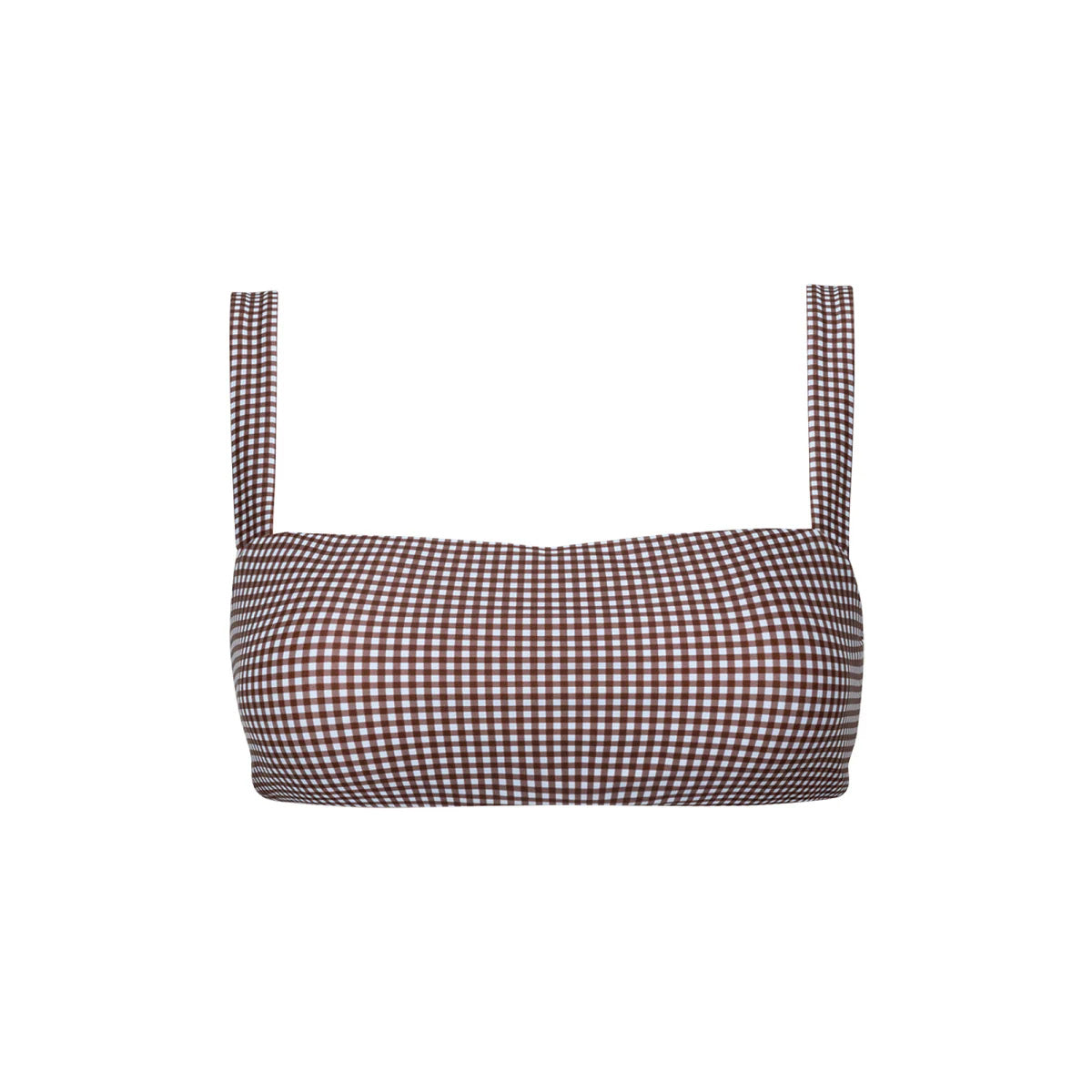 Front view of cocoa gingham bandeau bikini top with thin shoulder straps on white background