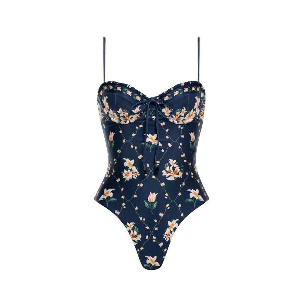 Front view of Ebano Promesa one-piece swimsuit showcasing navy floral print, sweetheart neckline, thin adjustable straps, and high-cut leg on white background