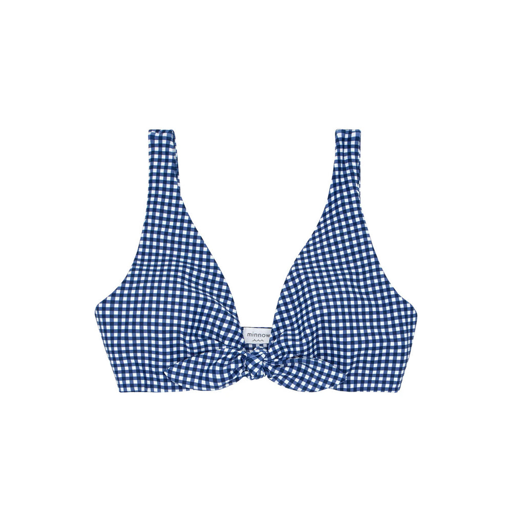 Women's Navy Gingham Tie-Front Bikini Top