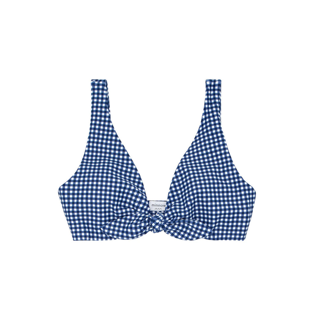 Women's Navy Gingham Tie-Front Bikini Top