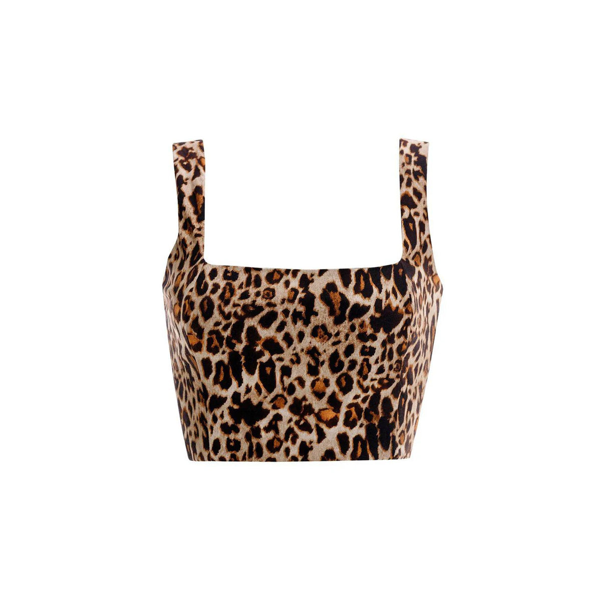 Front view of Kosia Crop-Top in Leopard showcasing square neckline and wide straps with a white background