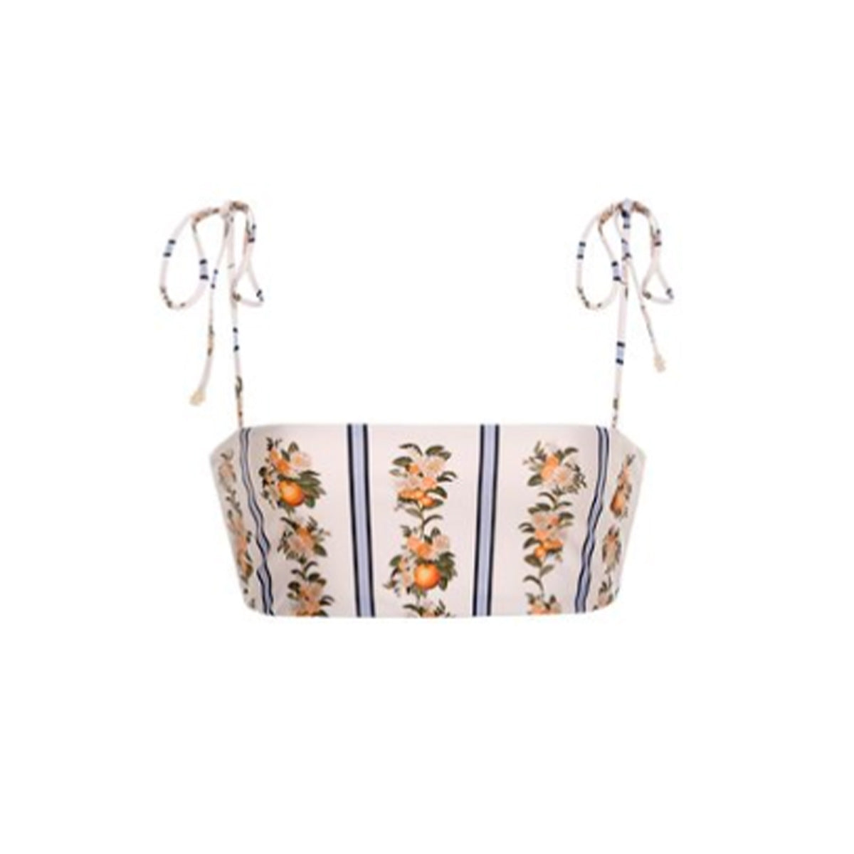 Front view of Primavera bikini top showcasing bandeau shape, tie shoulder straps, and orange floral stripe print on pale pink background