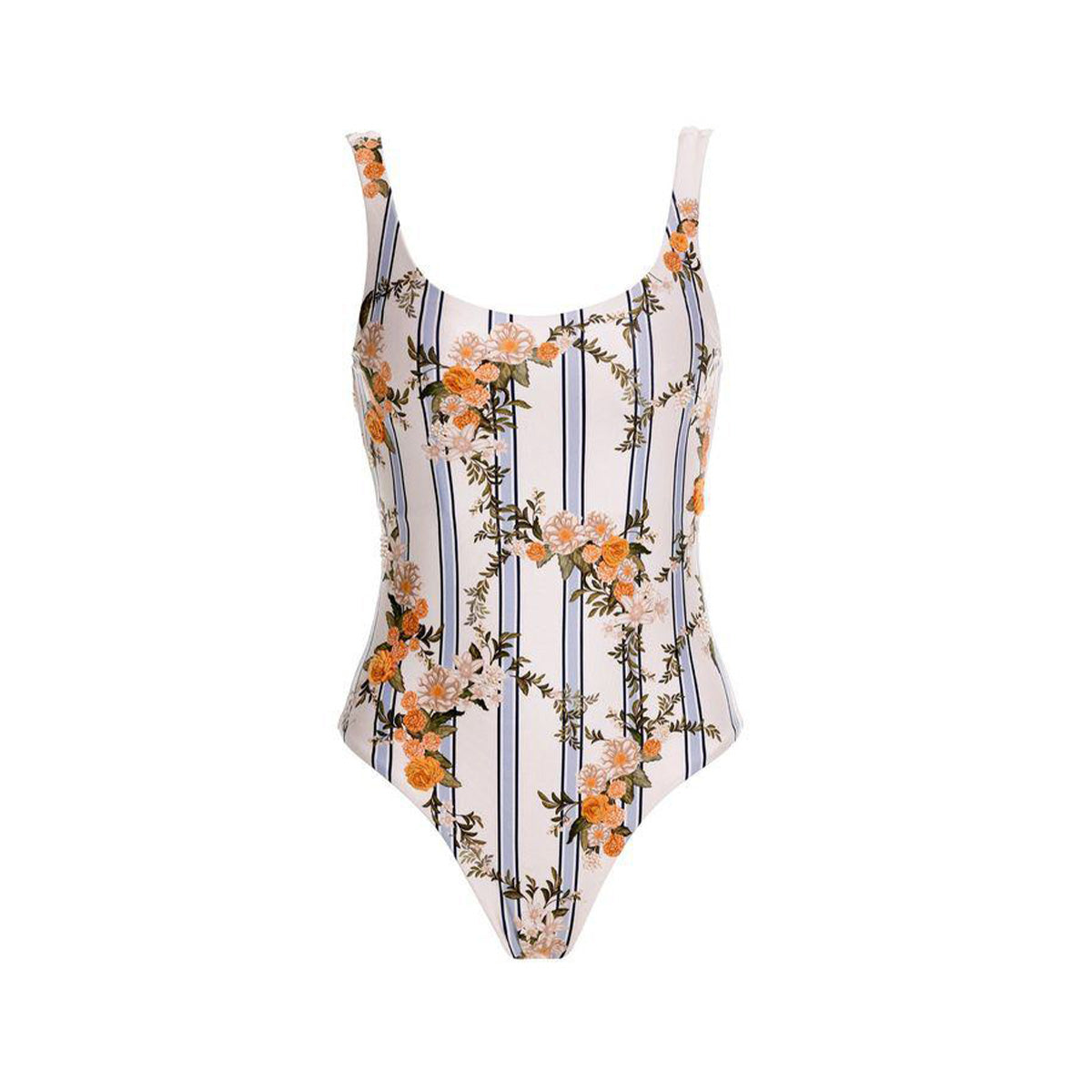 Front view of Gema Valle One-Piece with orange floral print and navy vertical stripes, scoop neckline, white background