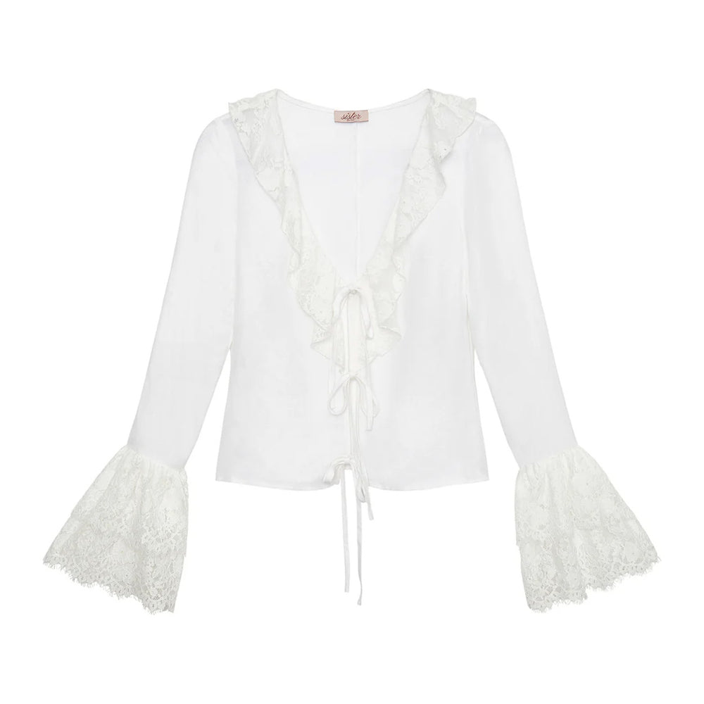 Front view of Nikki Top showcasing lace-trimmed V-neck with tie-front and voluminous lace bell sleeves on white background
