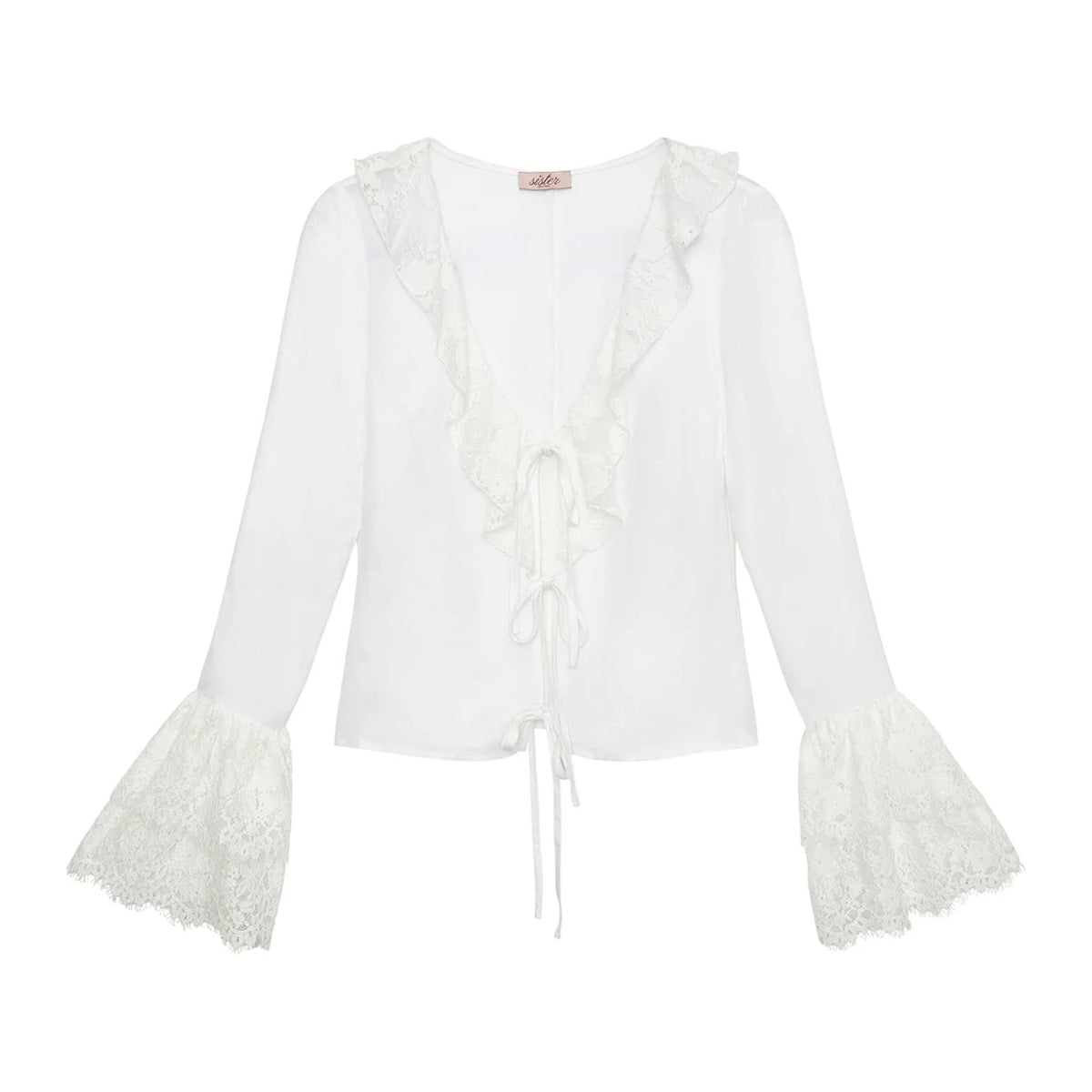 Front view of Nikki Top showcasing lace-trimmed V-neck with tie-front and voluminous lace bell sleeves on white background