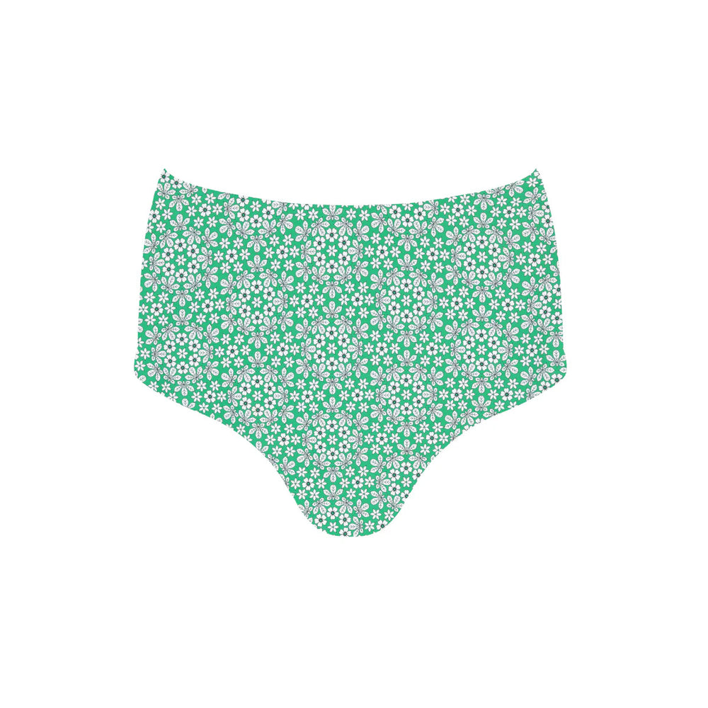 Front view of Women’s Godwin High Waist Bikini Bottom showcasing green Liberty floral fabric with a white background