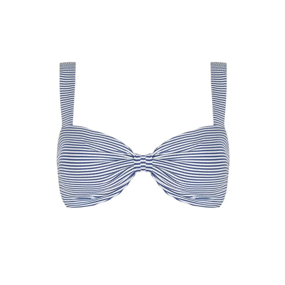 Front view of Women’s Harbor Stripe Knot Bikini Top with navy-and-white stripes, center knot, and molded cups on white background