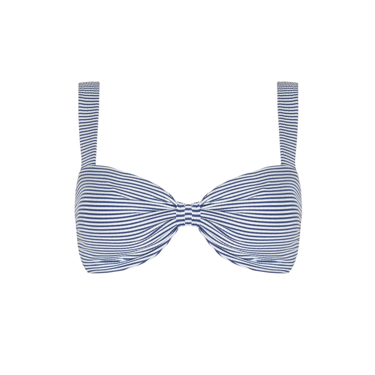 Front view of Women’s Harbor Stripe Knot Bikini Top with navy-and-white stripes, center knot, and molded cups on white background