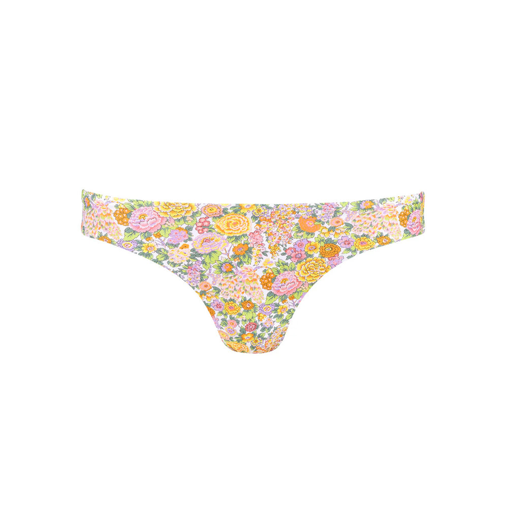 Front view of Women’s Elysian Day Low Waist Bikini Bottom showcasing soft yellow floral Liberty Fabrics material on white background