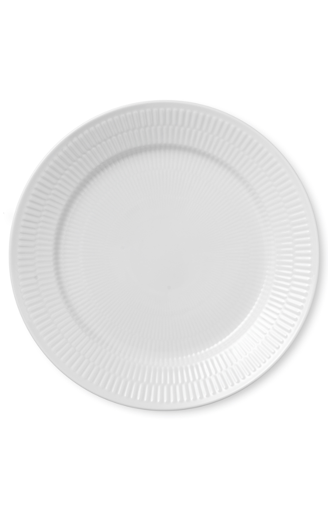 Top view of White Fluted Dinner Plate 10.75 inch showcasing its fluted rim against a white background