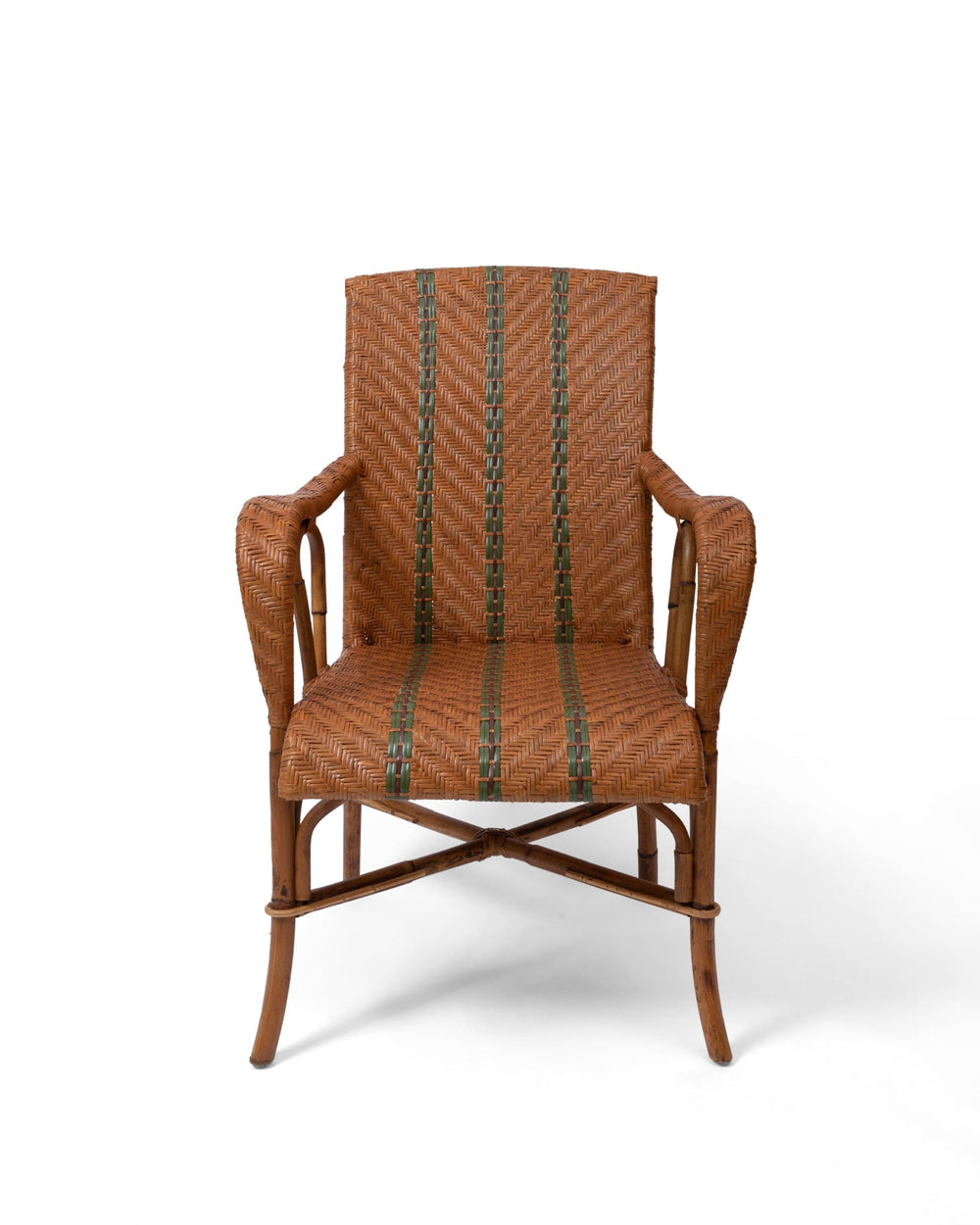 Front view of Emerson rattan outdoor armchair showcasing woven herringbone weave and green stripe accents on white background