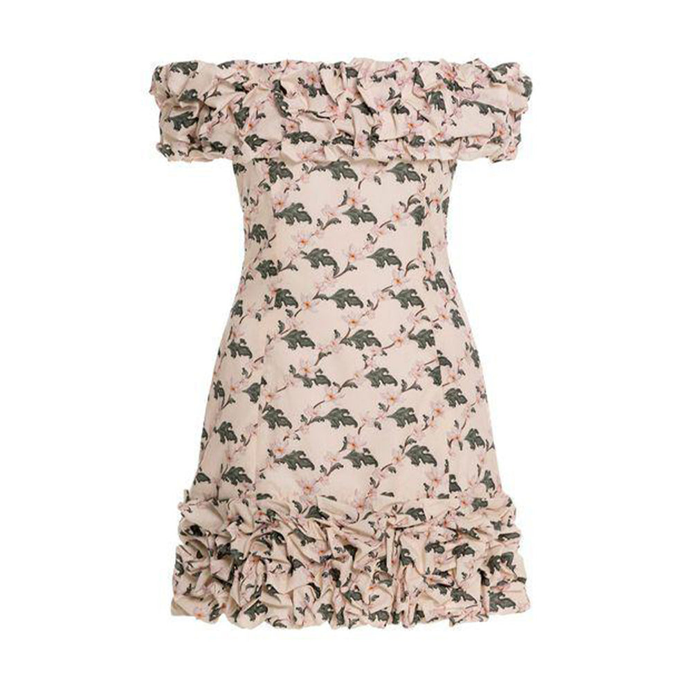Front of Jardin Anhelo mini dress with off-shoulder ruffled neckline and ruffled hem, pink floral print on white