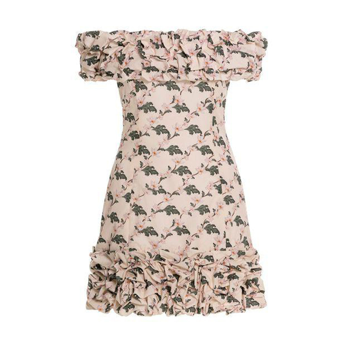 Front of Jardin Anhelo mini dress with off-shoulder ruffled neckline and ruffled hem, pink floral print on white