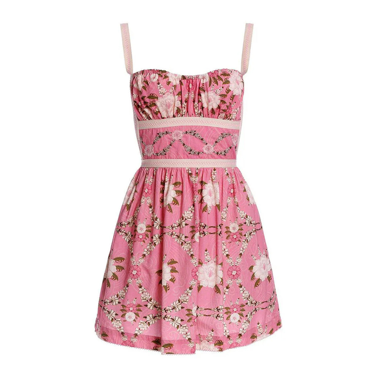 Front view of Logan Dress in Matches showcasing pink floral placement print and trim details on a white background