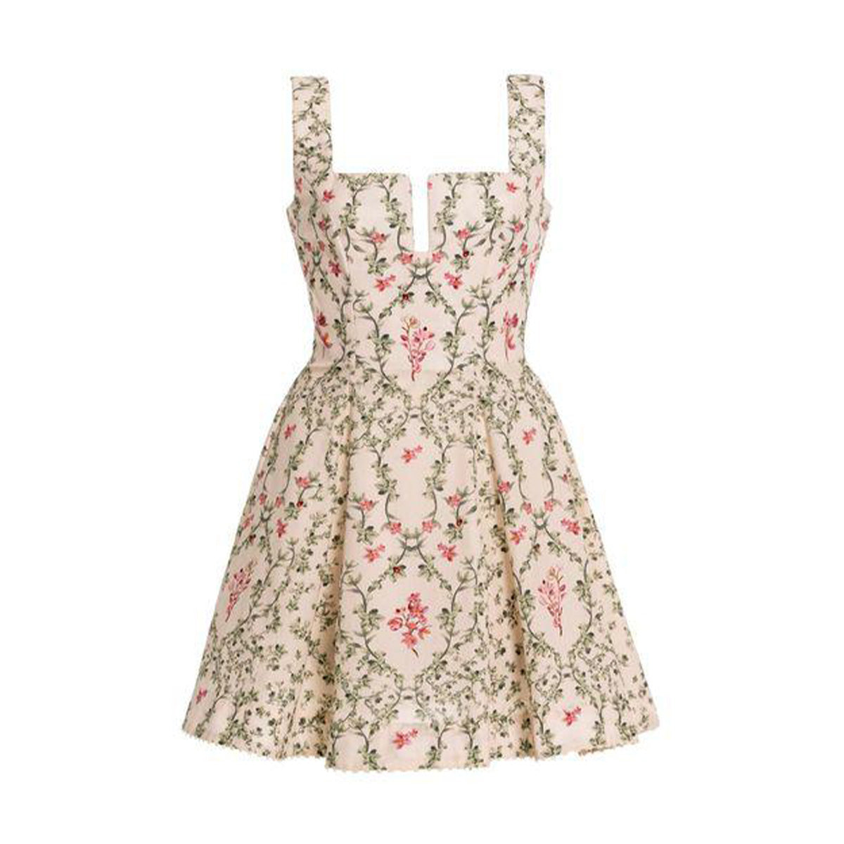 Front view of Agua Cauca mini dress showing structured sweetheart bodice with wide straps, cinched waist, and full floral-print mini skirt on white background