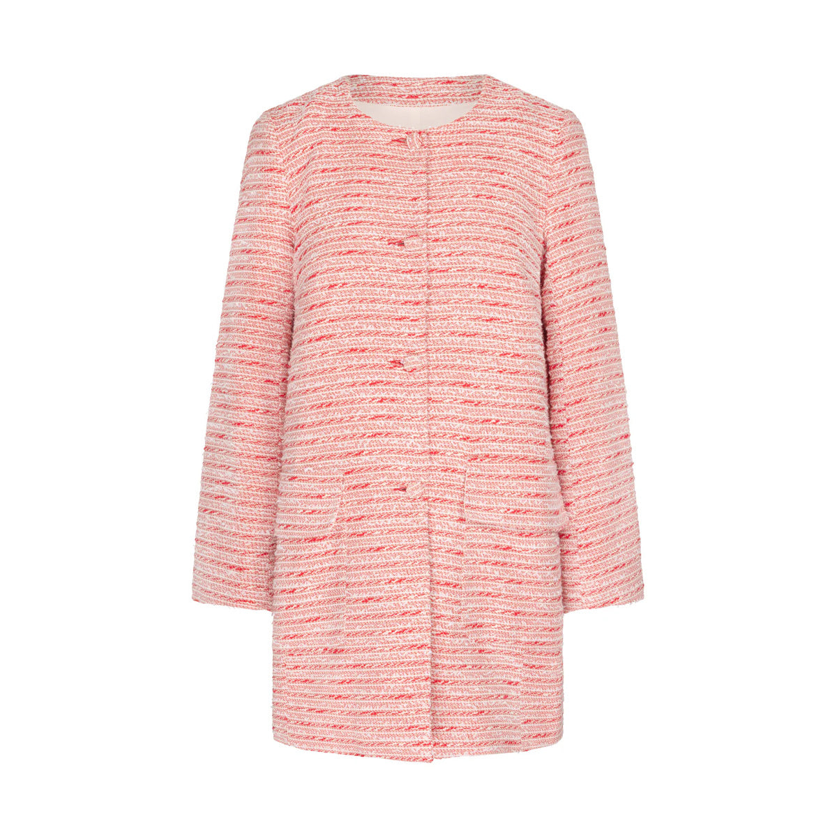 Front view of Stephanie jacket in Rouge Bateau tweed with round neckline, tweed buttons and two front pockets
