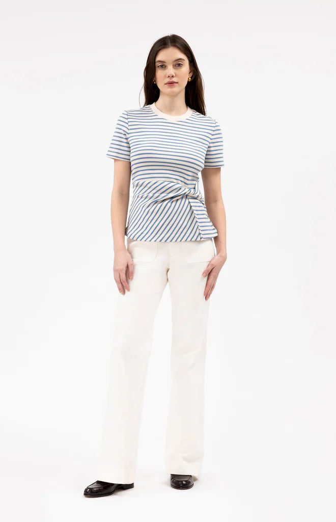 Short Sleeve Carlita Top in Cream & Blue Bird Thin Stripe