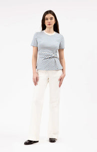 Short Sleeve Carlita Top in Cream & Blue Bird Thin Stripe