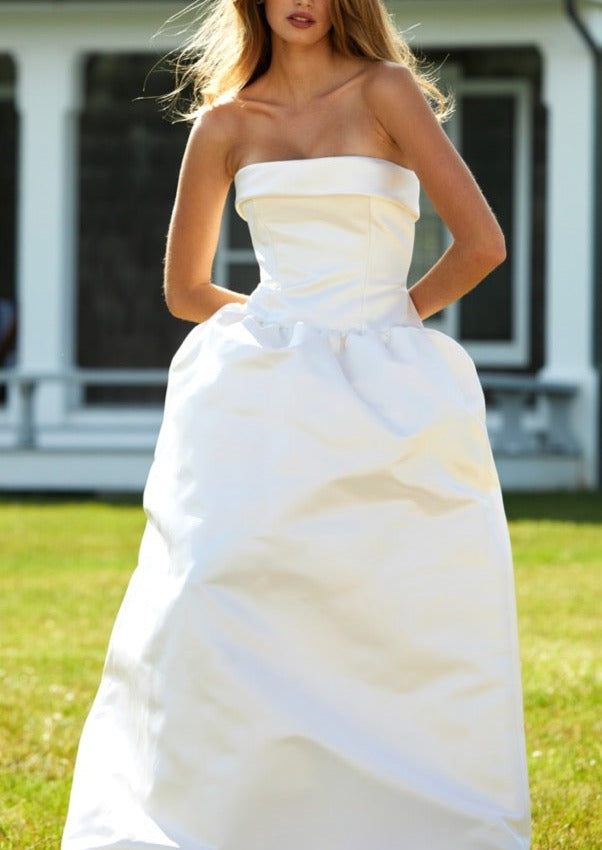 Strapless Drop Waist Gown in Italian Créme Double Faced Satin