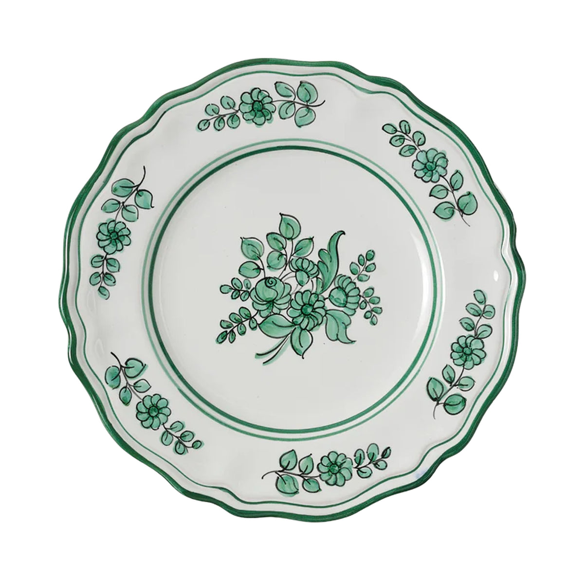 Top view of Sicilia Dinner Plate in Green showcasing hand-painted floral motif and accented green border on a white background