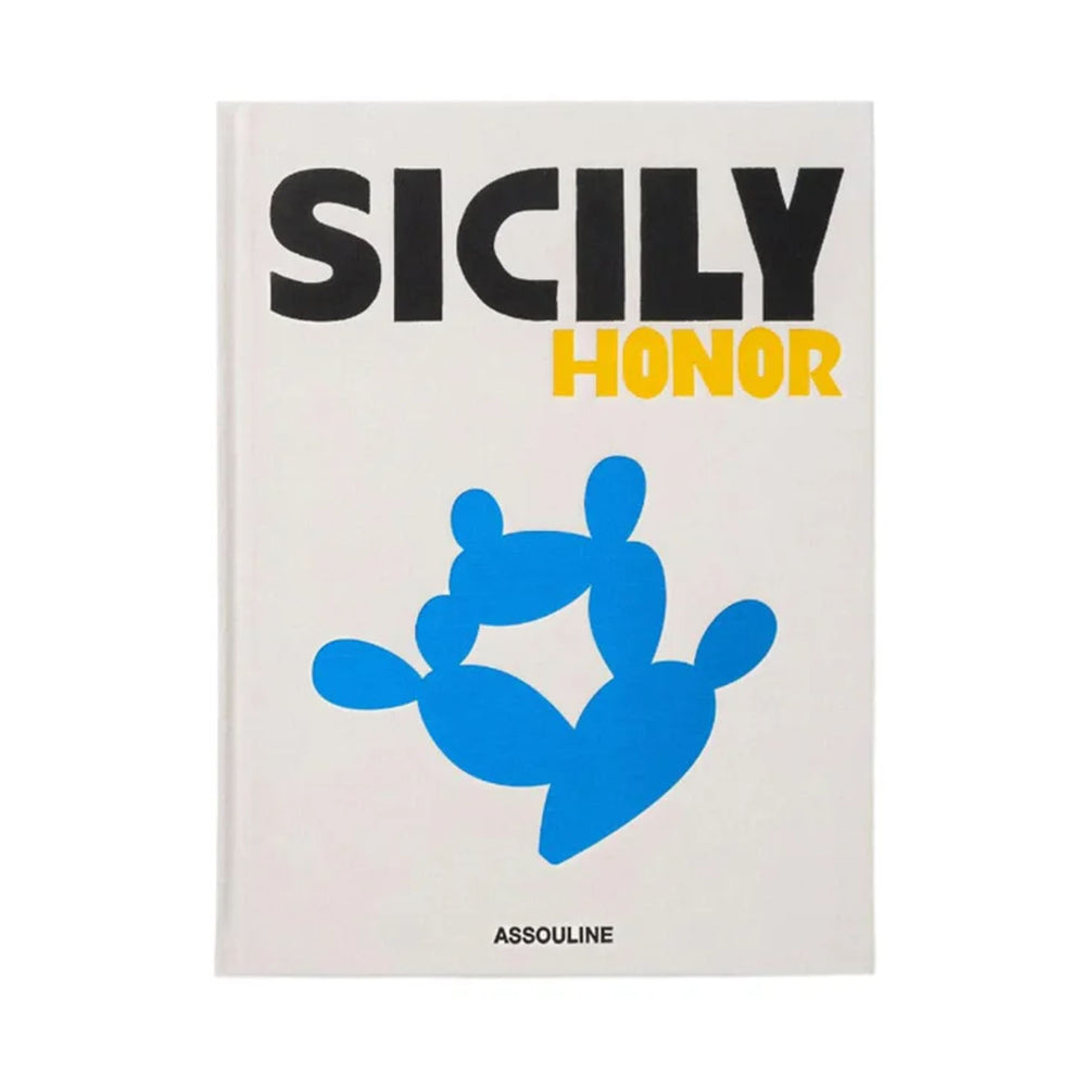 Front view of Sicily Honor hardcover book showing black ‘SICILY’ and yellow ‘HONOR’ title with blue cactus illustration on white cover