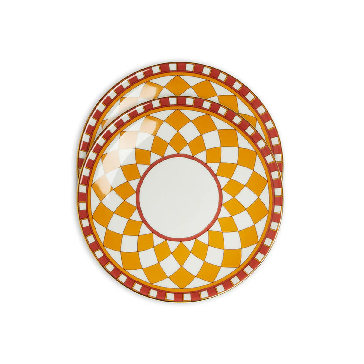 Top view of Side Plates in Apollo Yellow, Set of 2 showcasing geometric pattern and 18K gold rim on white background