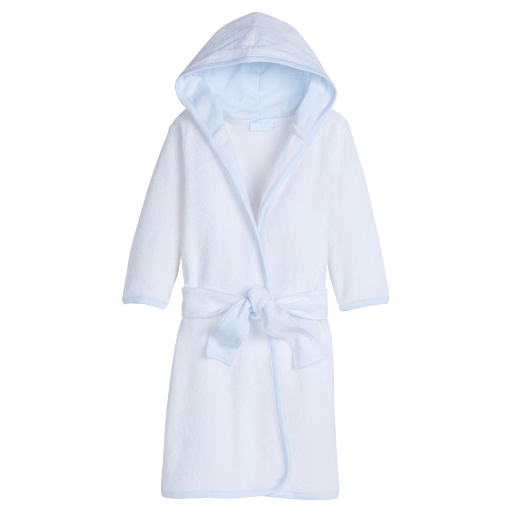 Little English traditional children's clothing.  White bath robe with blue trim for boys.  Gift clothing for boys