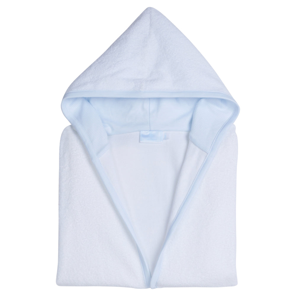Little English traditional children's clothing.  White bath robe with blue trim for boys.  Gift clothing for boys
