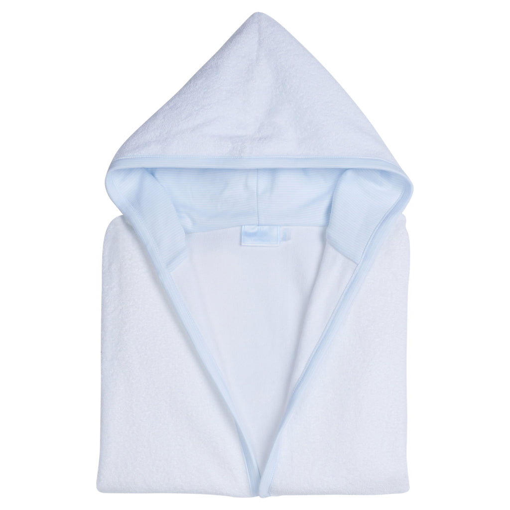 Little English traditional children's clothing.  White bath robe with blue trim for boys.  Gift clothing for boys