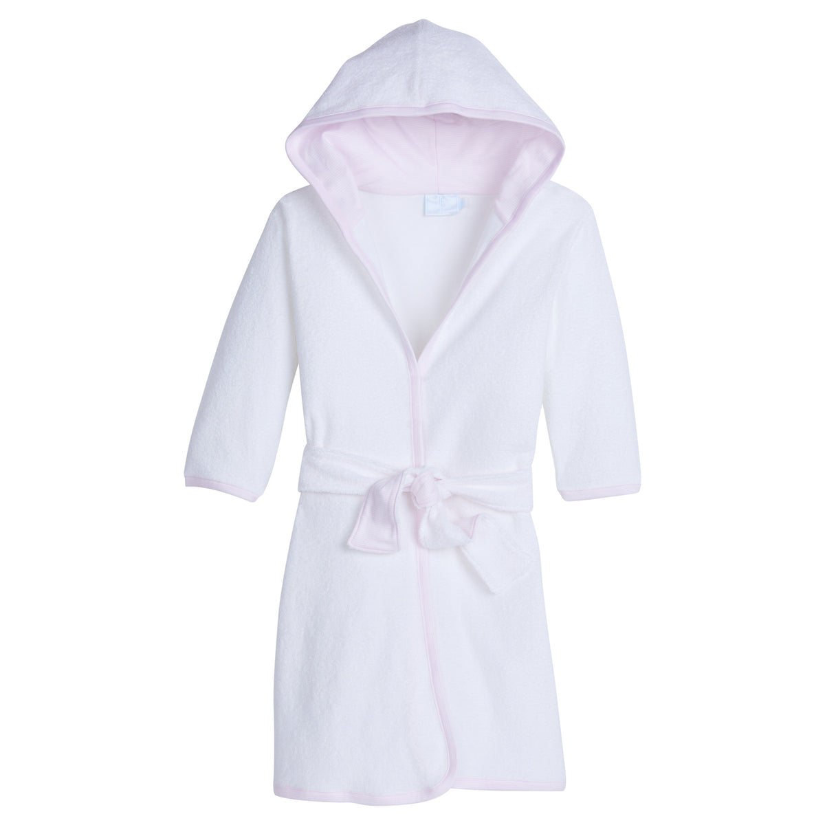 Front view of Signature Stripe Robe in light pink showing hood, self-tie sash, and pink-striped lining on white background