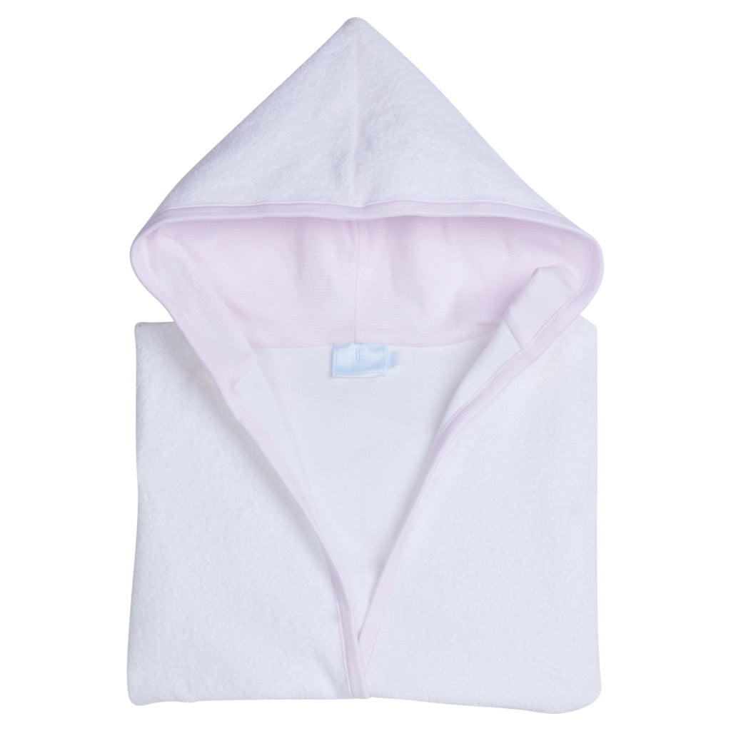 Little English traditional children's clothing.  White bath robe with pink trim for girls.  Gift clothing for girls