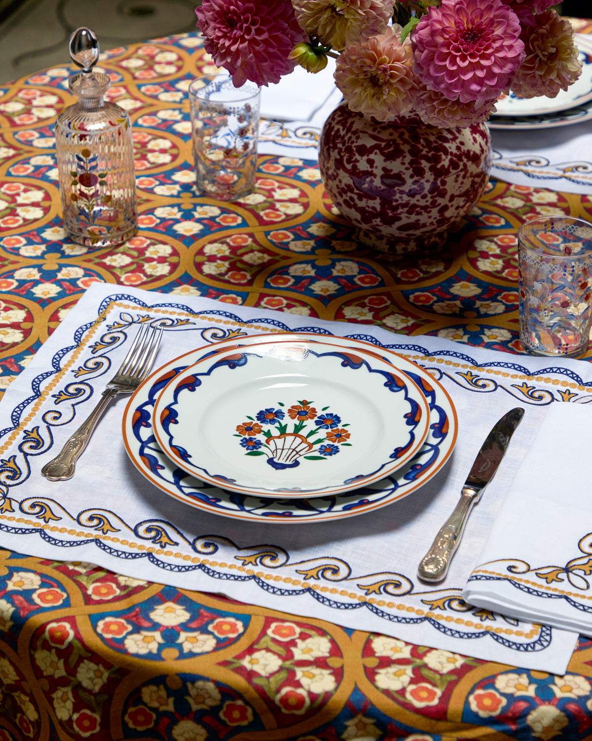 Ginori Anatolia Dessert Plate displayed in an ornate floral table setting with flowers, glassware and patterned linens