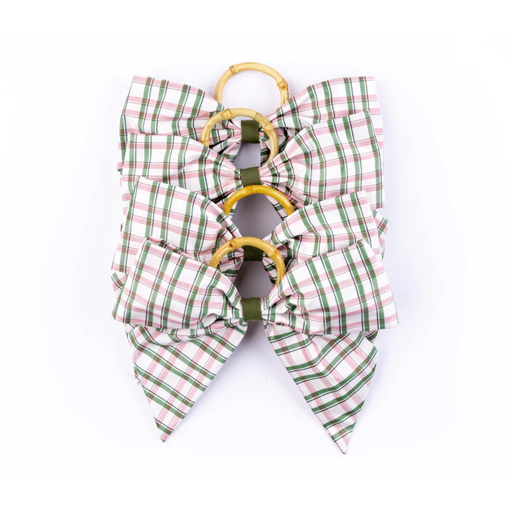 Silk Saffron Check Napkin Rings in Green, Set of 4