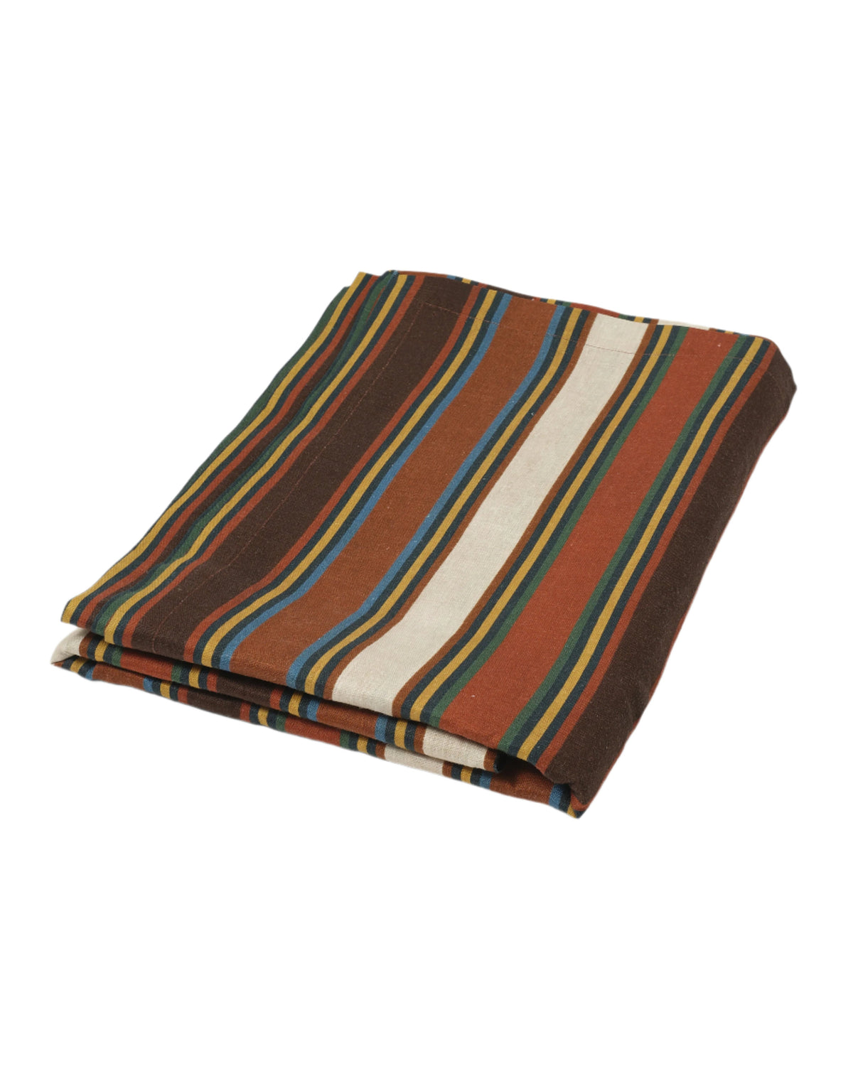 Angled view of Tingere Natural Striped Tablecloth showcasing woven stripes and folded pure linen on a white background