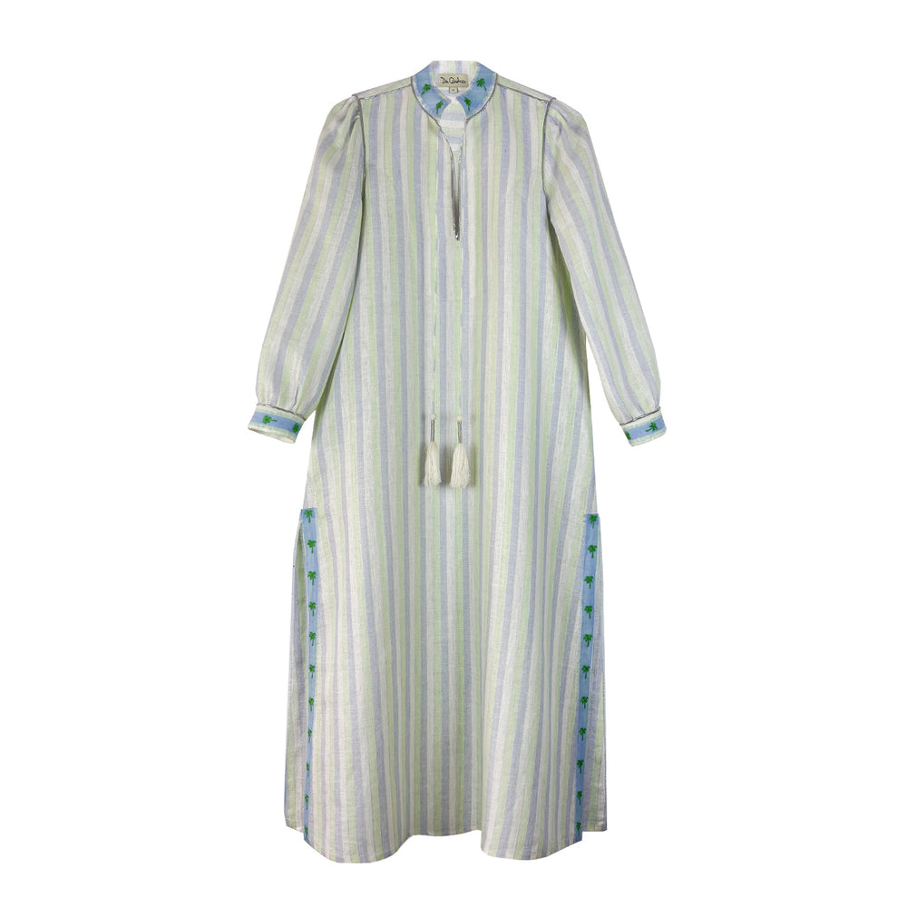 Front view of Silver Palm Caftan showcasing vertical white, green, and blue stripes, tasseled ties, and palm embroidery on a white background