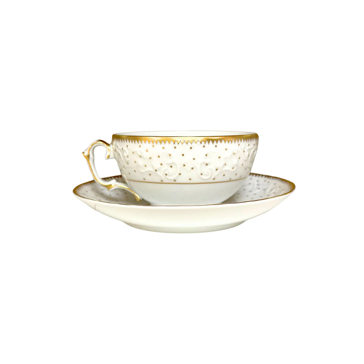 Front view of Simply Anna Polka Tea Cup in White/Gold showcasing embossed polka pattern and golden rim with a white background