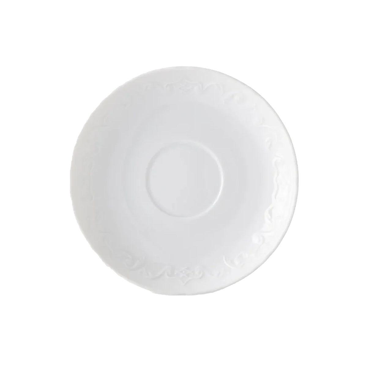Top view of Simply Anna Tea Saucer in White showcasing undulating porcelain edges with a white background