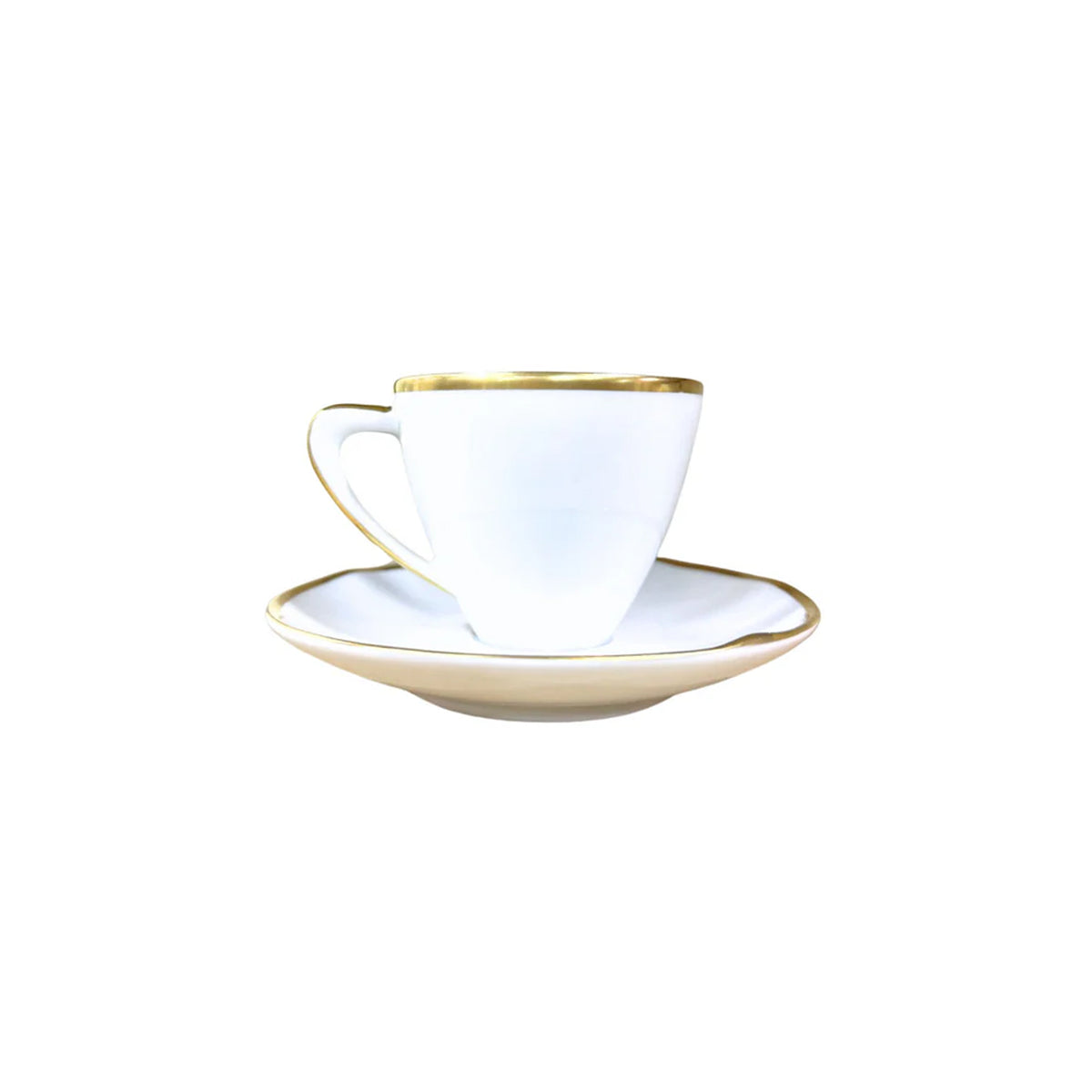 Front view of Simply Elegant Espresso Cup and Saucer in White and Gold showcasing gold rims and curved design