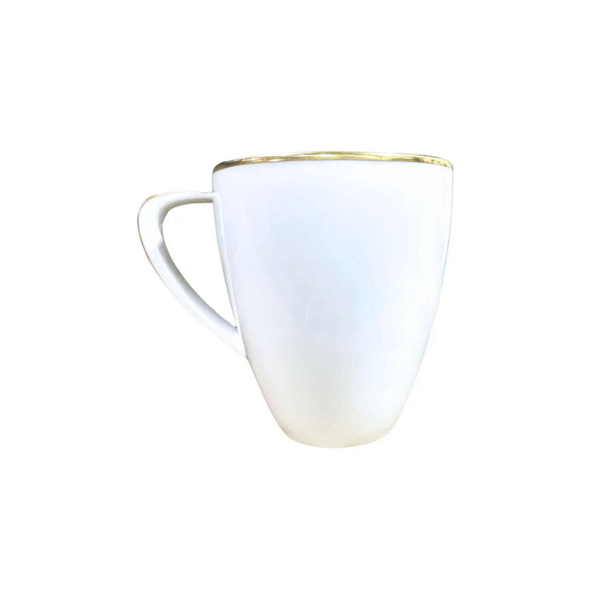 Front view of Simply Elegant Mug in White/Gold showcasing its golden rim and curved handle with a white background