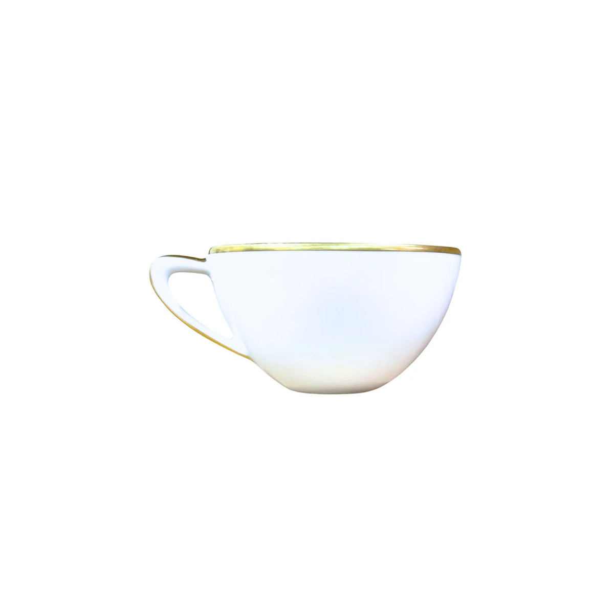 Side view of Simply Elegant Tea Cup in White/Gold showcasing its white porcelain body and golden rim with a white background