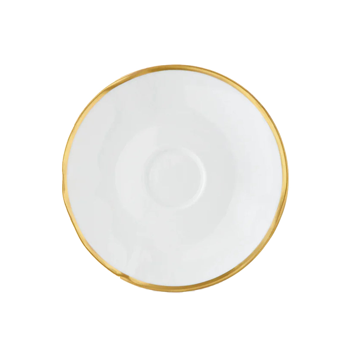 Top view of Simply Elegant Tea Saucer in White/Gold showcasing its golden rim and undulating curves on a white background