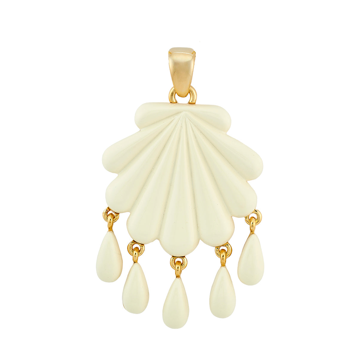 Front view of Sirena pendant showing ivory scallop shell with five teardrop dangles and gold-tone bail on white background